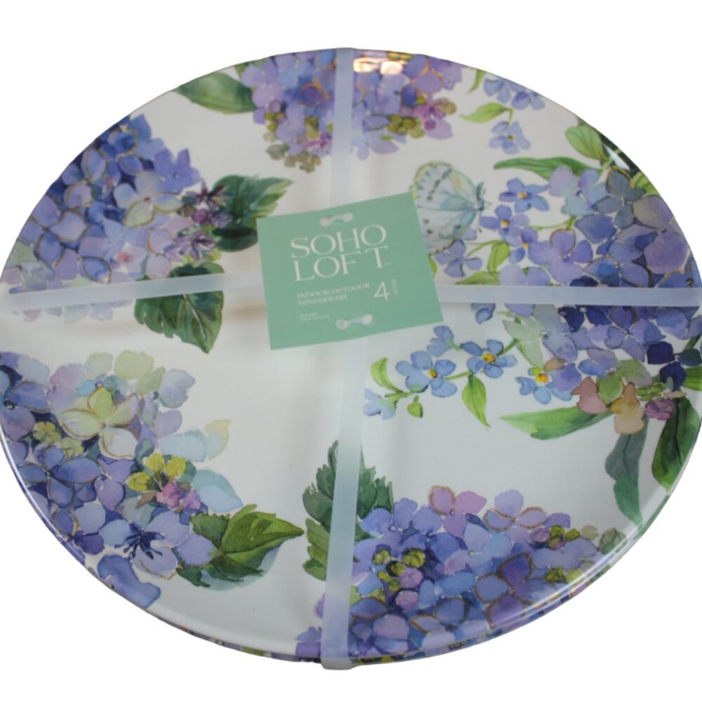 Soho Loft Purple White Hydrangea Flower Set of 4 11" Melamine Dinner Plates NWT